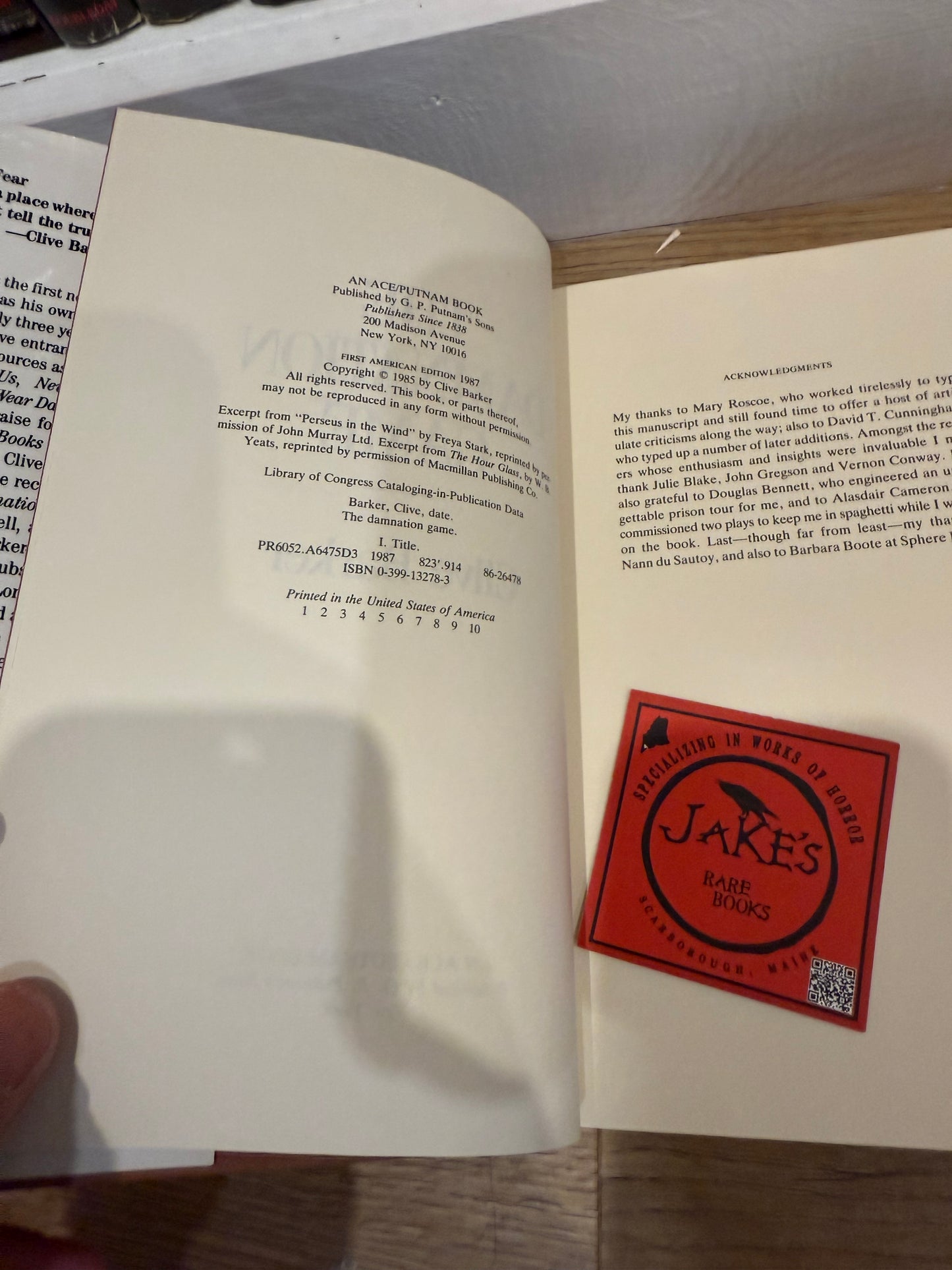 Clive Barker, The Damnation Game, First Edition, Putnam