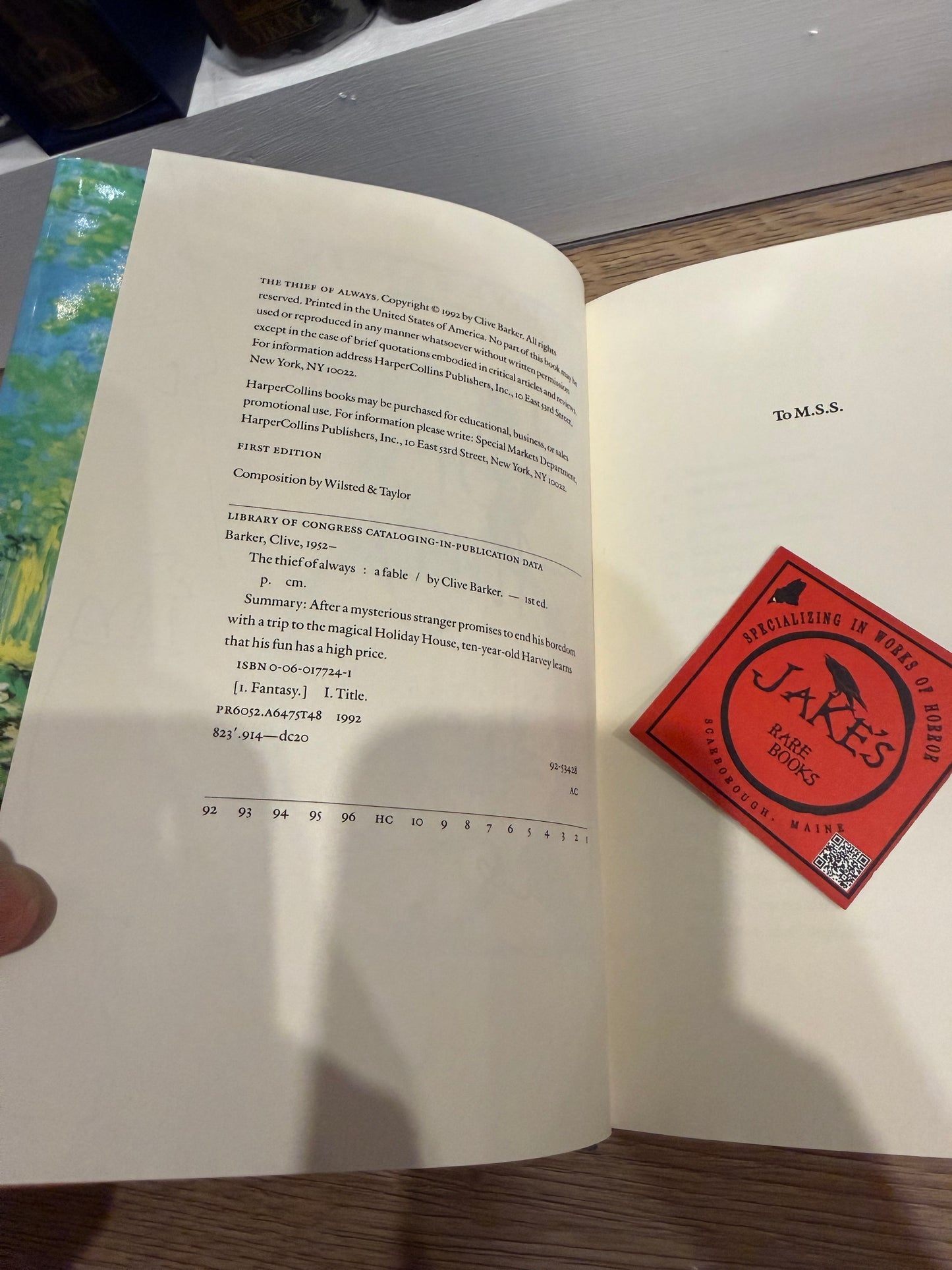 Clive Barker, The Thief of Always, First Edition, SIGNED plus Drawing by Barker