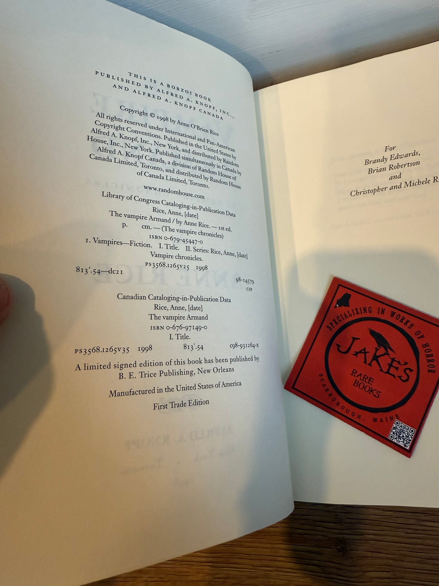 Anne Rice, The Vampire Armand, SIGNED First Edition, Knopf Publishing