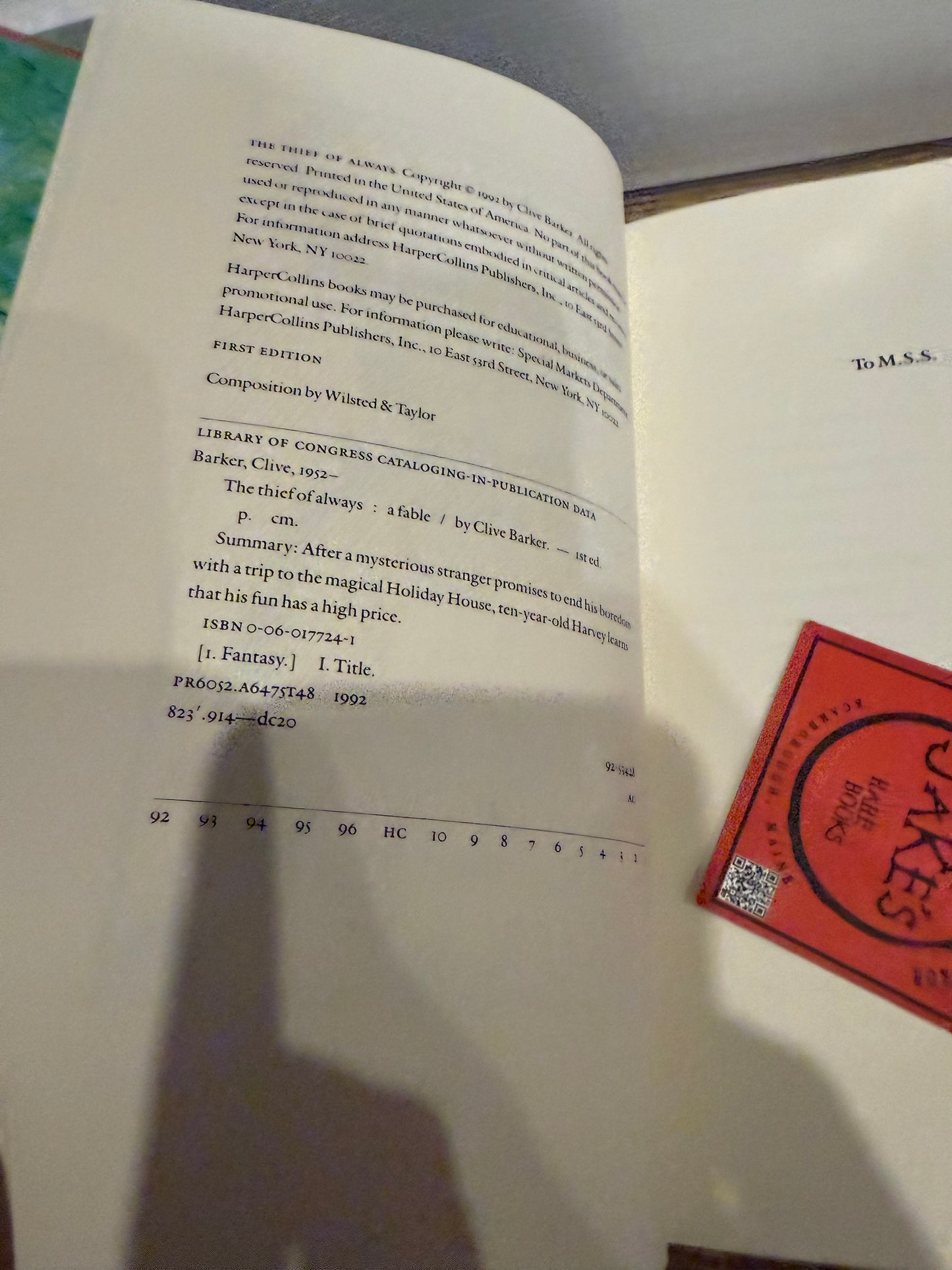 Clive Barker, The Thief of Always, First Edition, Signed/Dated, Harper Collins
