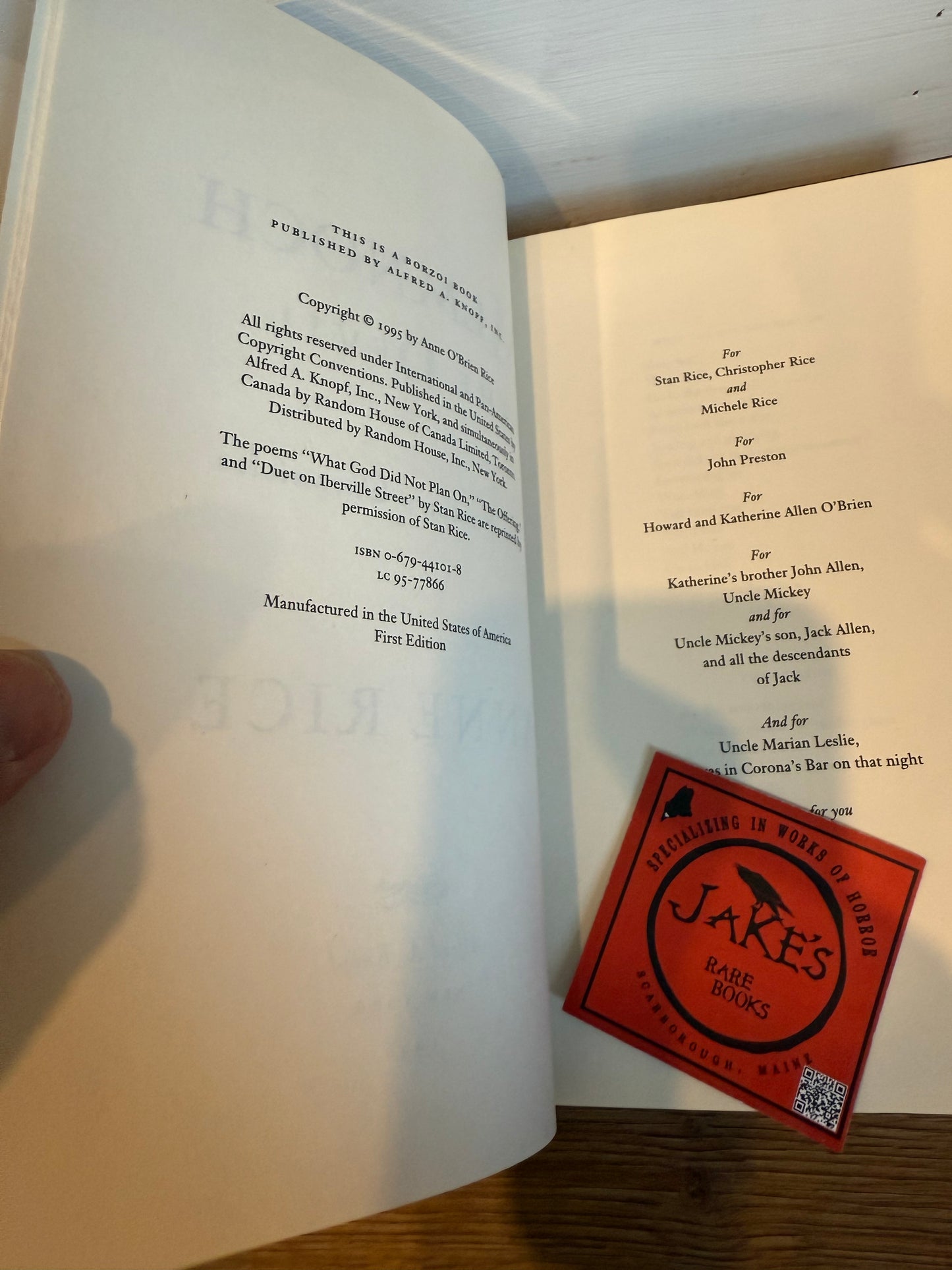 Anne Rice, Memnoch the Devil, INSCRIBED First Edition, Knopf Publishing