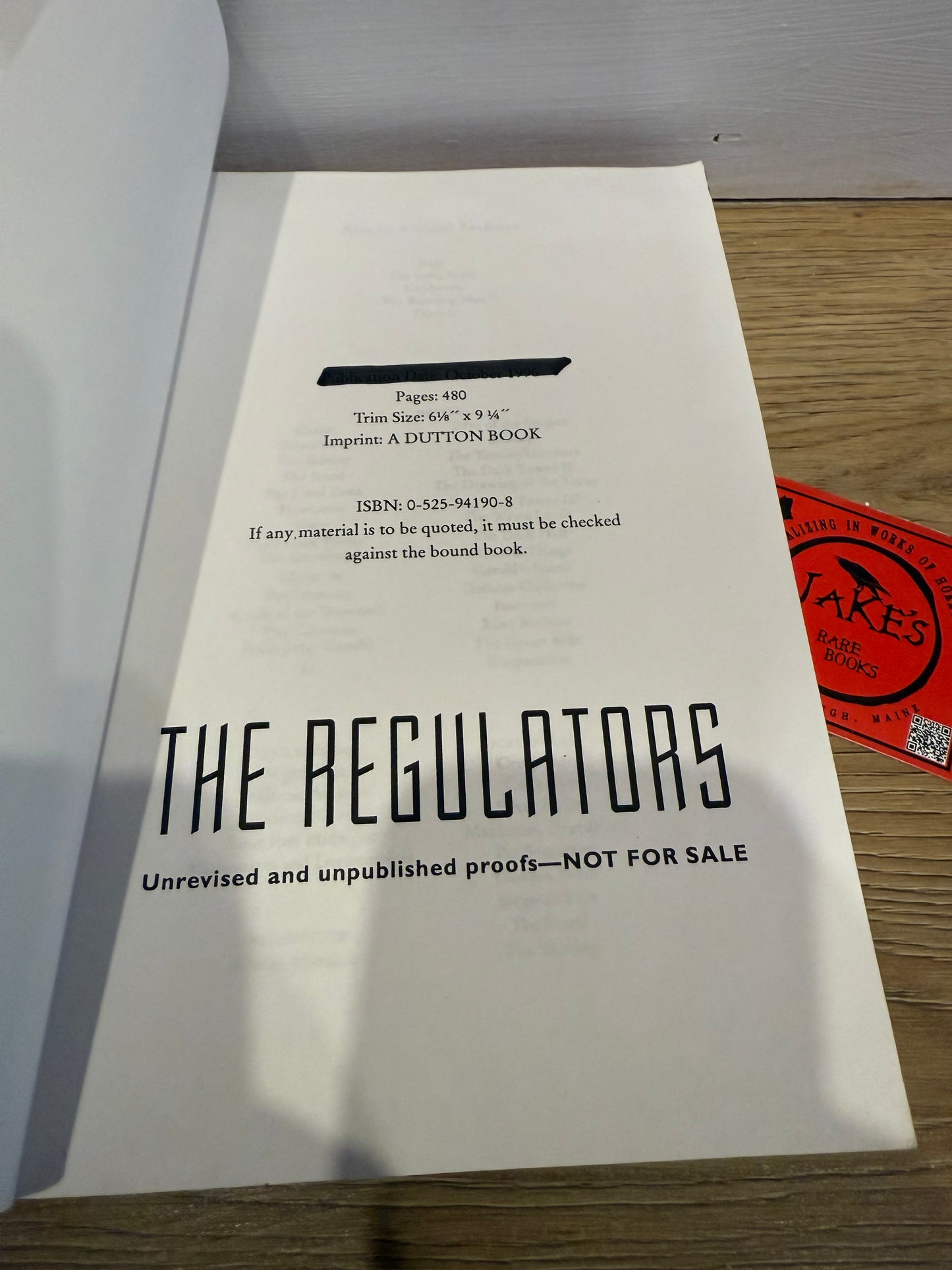 Stephen King, Regulators, ARC/Proof, Dutton Press