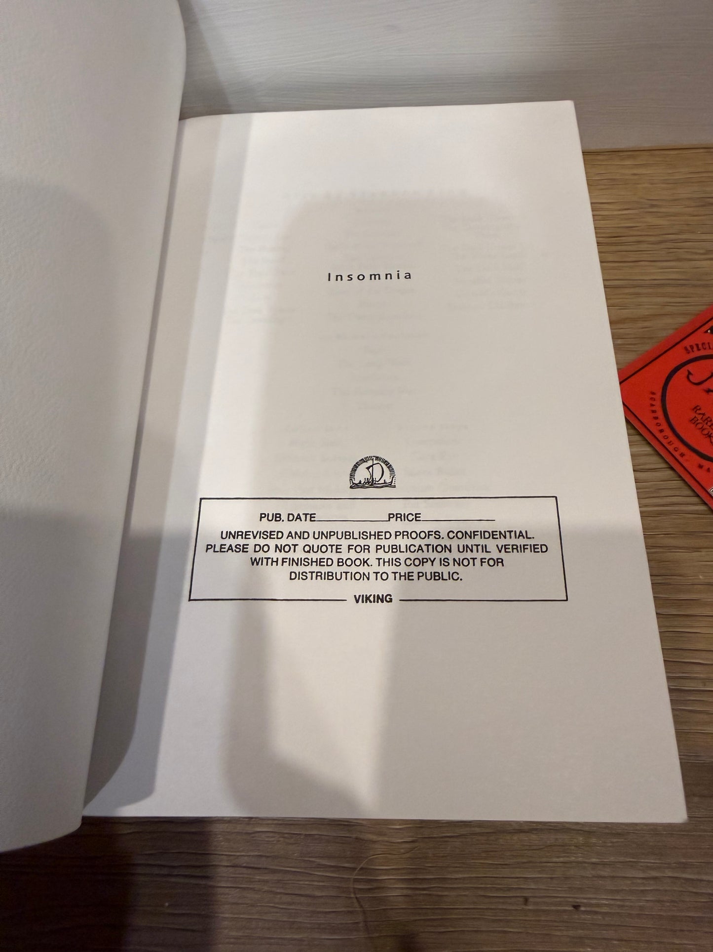 Stephen King, Insomnia, Uncorrected Proof