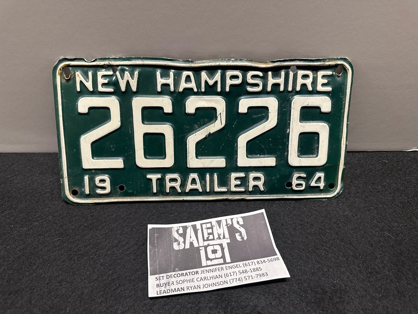 Stephen King, Salem’s Lot, Screen/Production used License Plate