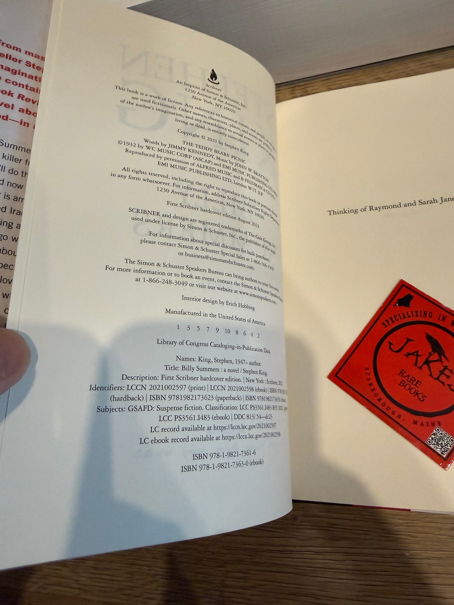 Stephen King, Billy Summers, First Edition, Scribner