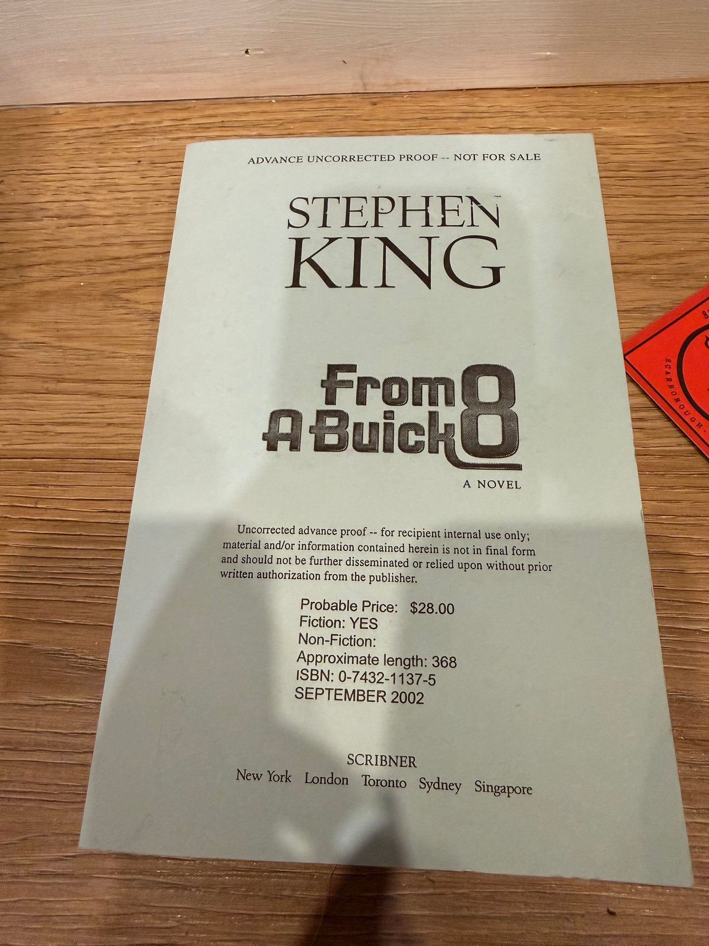 Stephen King, From a Buick 8, Uncorrected Proof