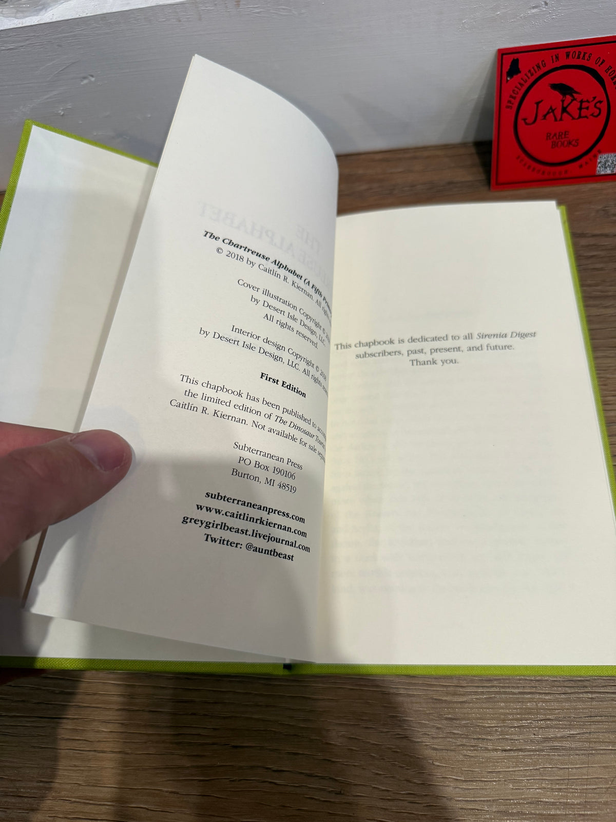 Caitlin R. Kiernan, The Chartreuse Alphabet, First Edition, Subterranean Press