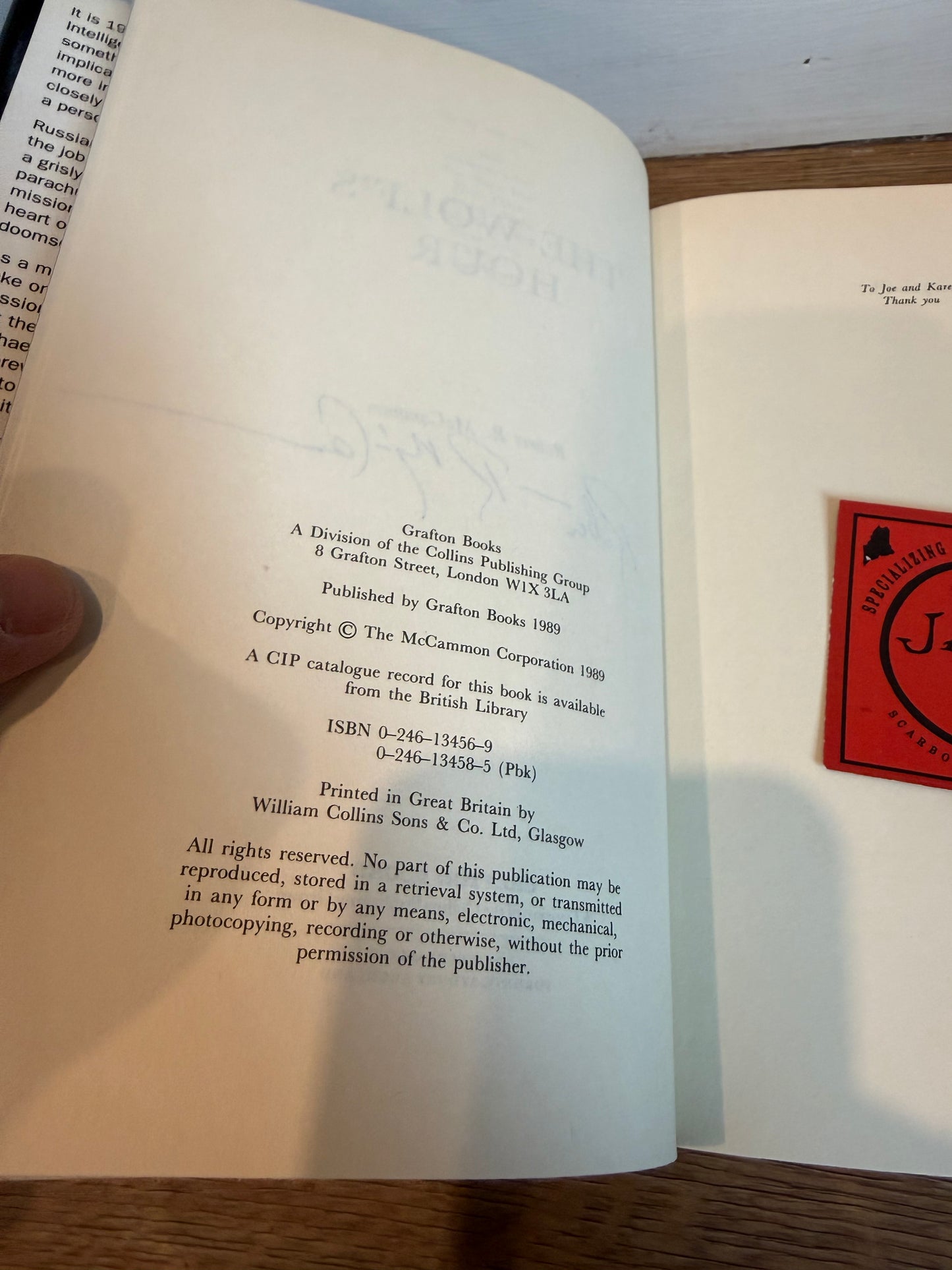 Robert McCammon, The Wolf’s Hour, UK First Edition, SIGNED, Grafton Books