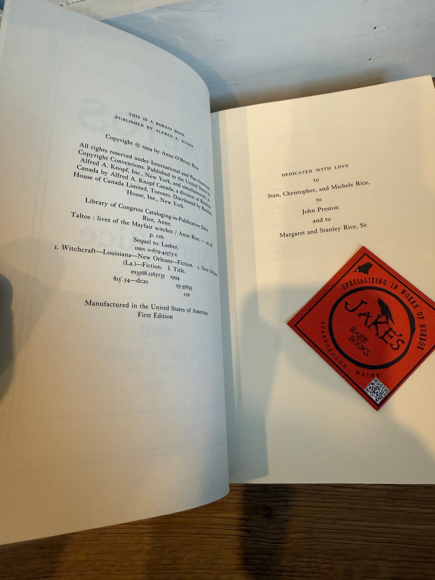 Anne Rice, Taltos, Lives of the Mayfair Witches, SIGNED, Knopf Publishing