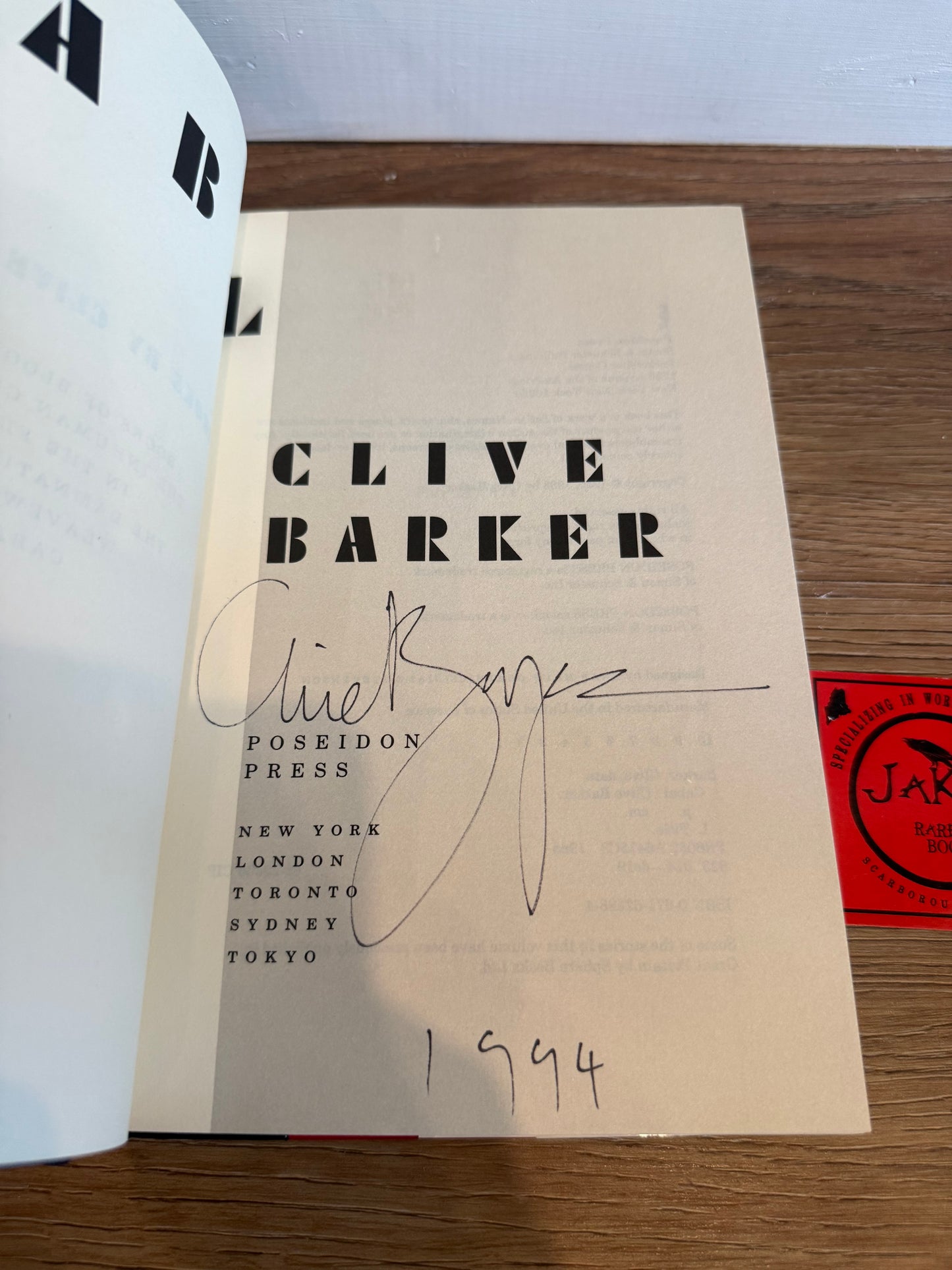 Clive Barker, Cabal, Signed/Dated First Edition, Poseidon Press