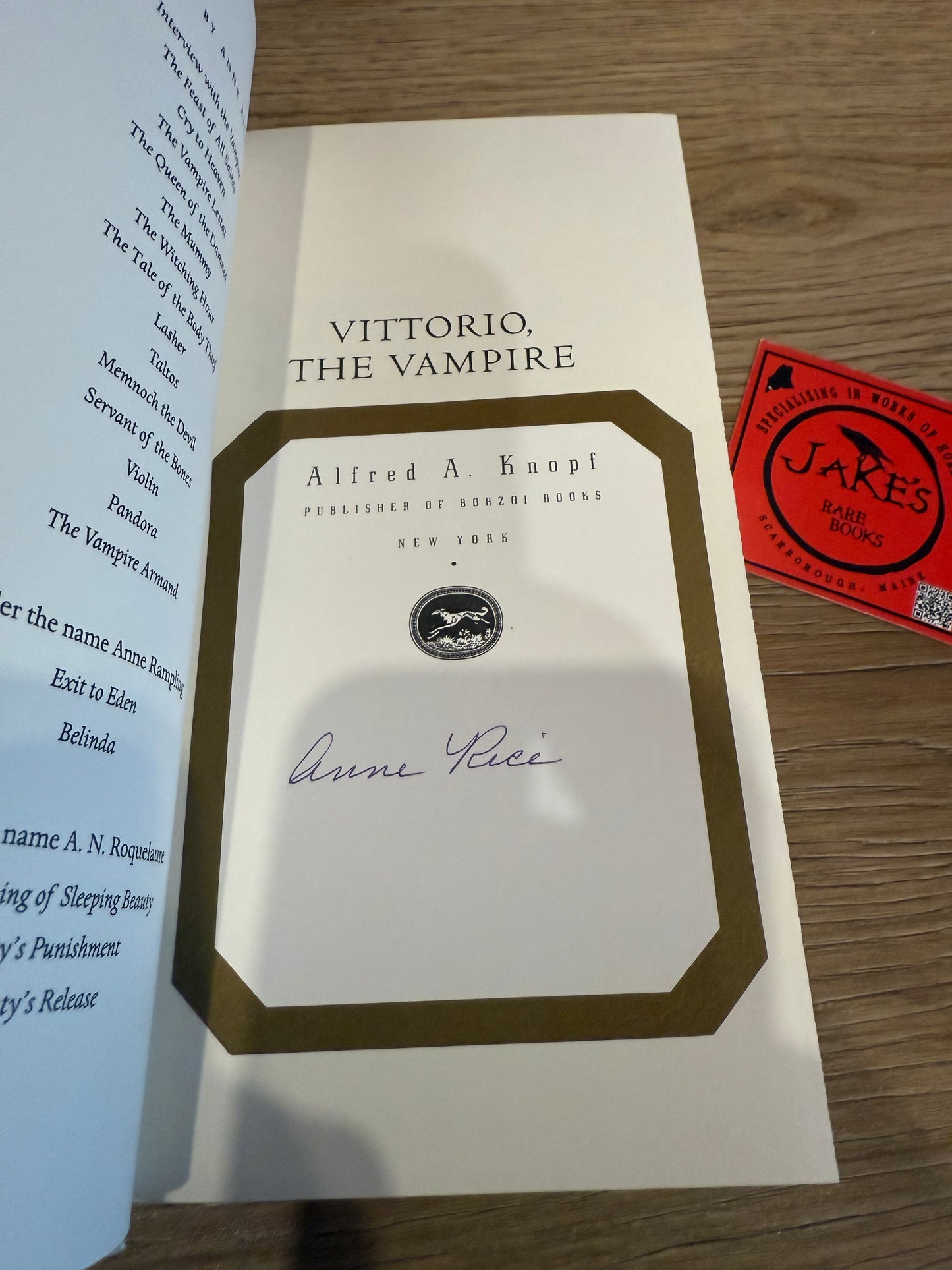 Anne Rice, Vittorio the Vampire, Signed First Edition