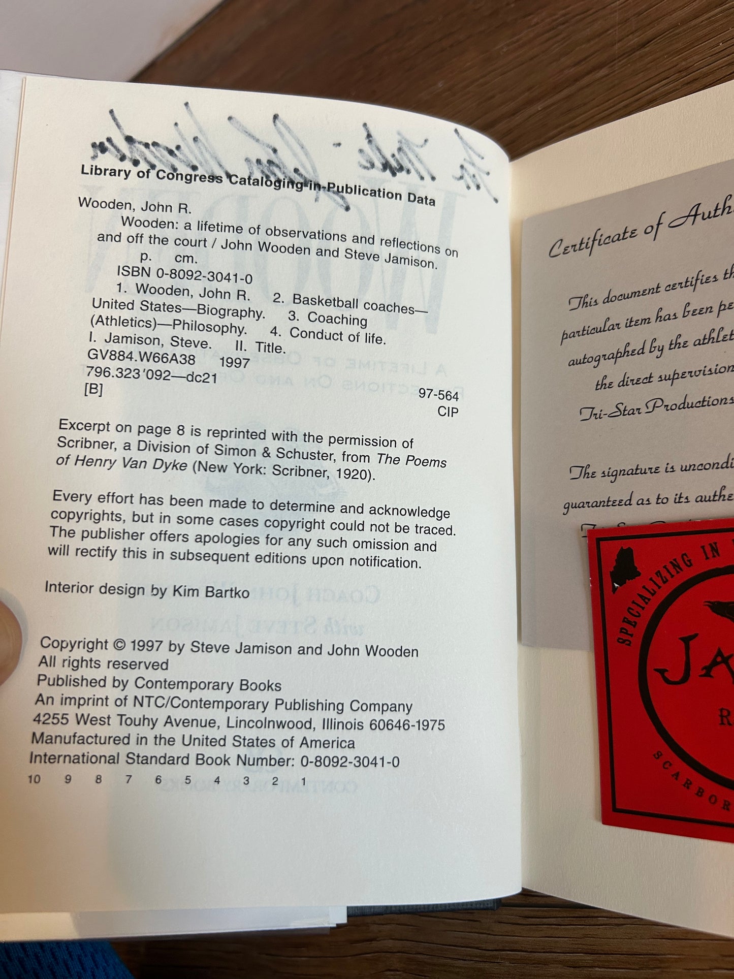 John Wooden, Wooden, Signed First Edition, Contemporary Books