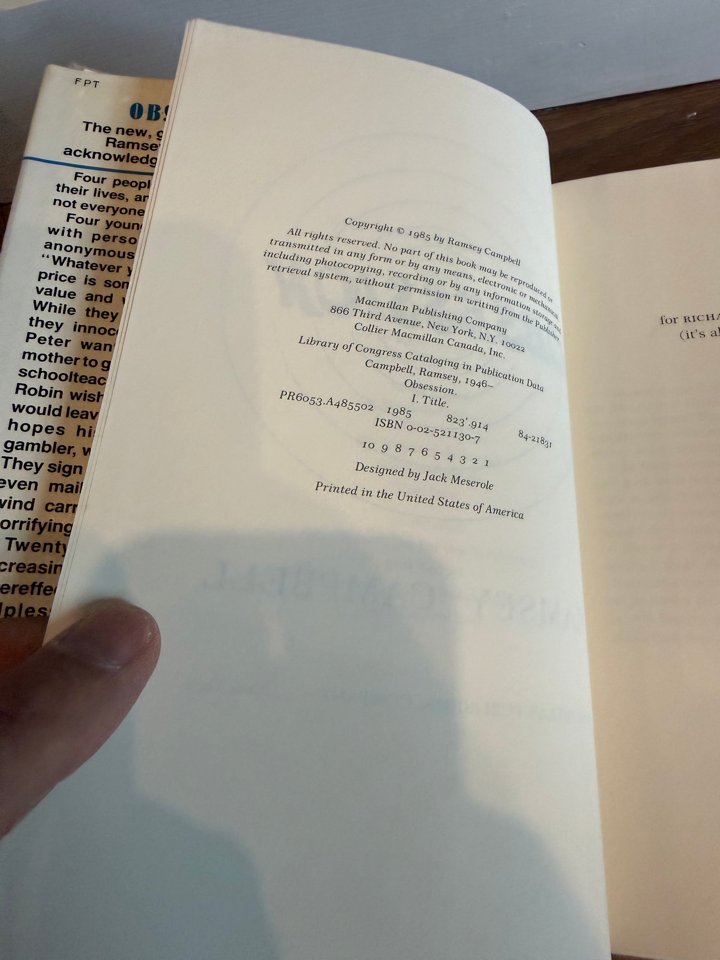 Ramsey Campbell, Obsession, Signed First Edition, Macmillan