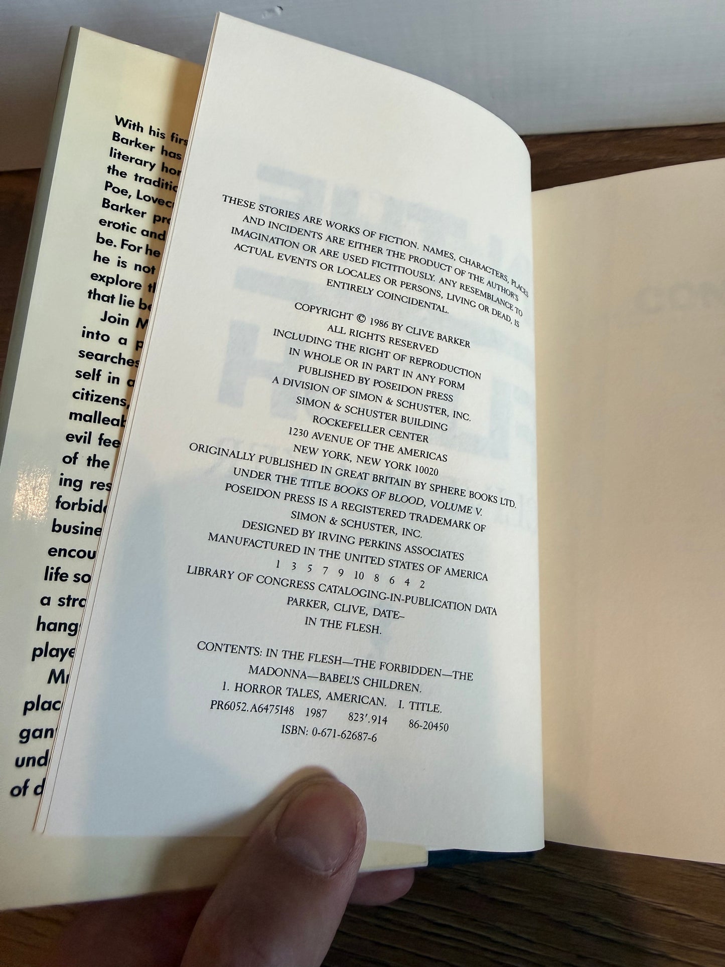 Clive Barker, In the Flesh, First Edition, Poseidon Press