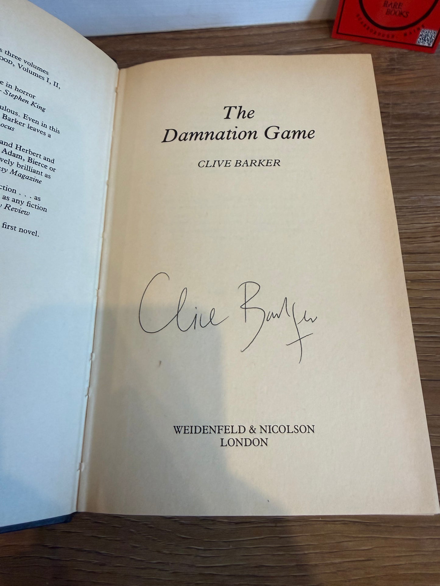 Clive Barker, The Damnation Game, UK First Edition Signed, Weidenfeld and Nicolson