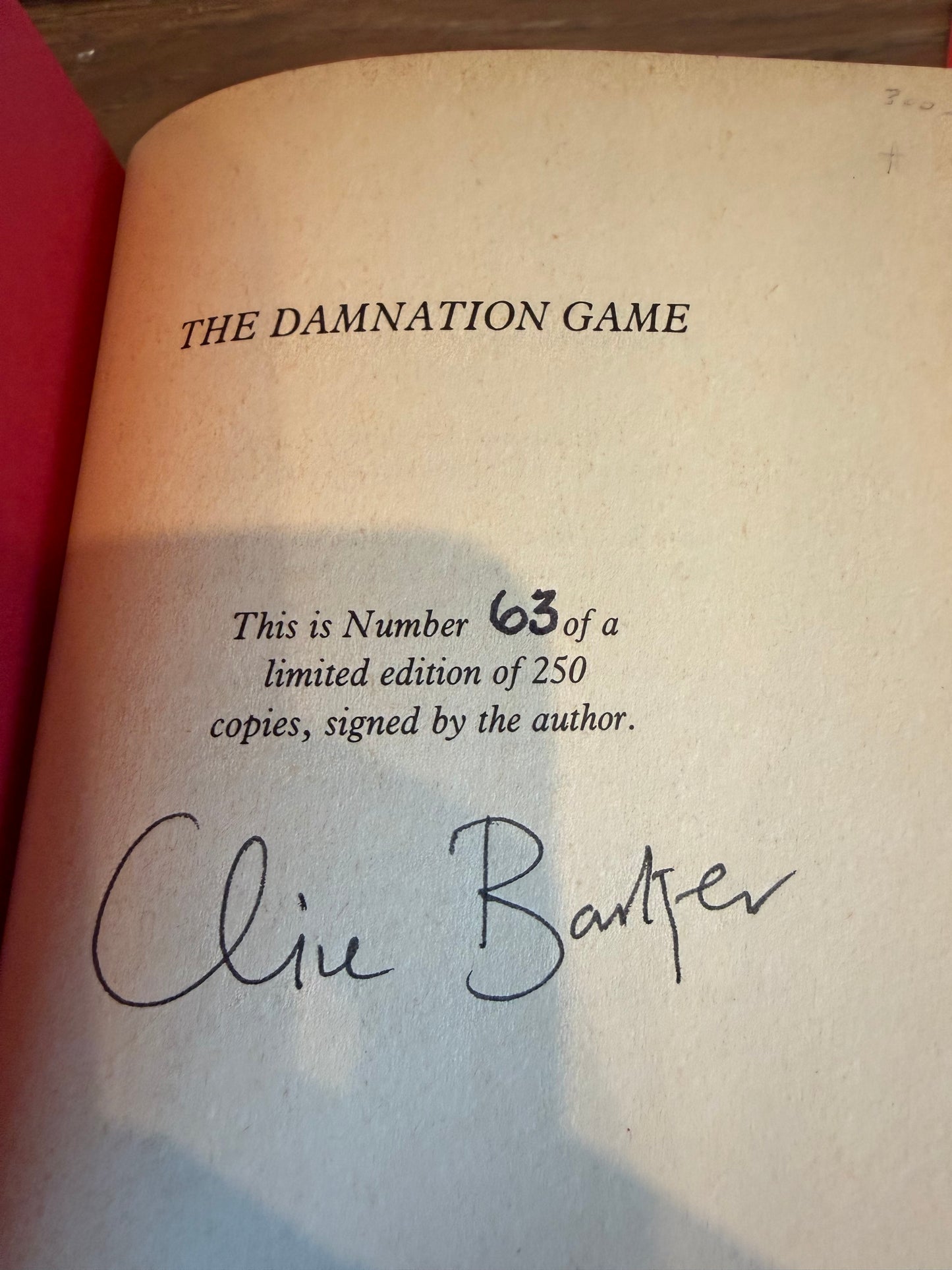 Clive Barker, The Damnation Game, UK Signed Limited #63, Weidenfeld and Nicholson