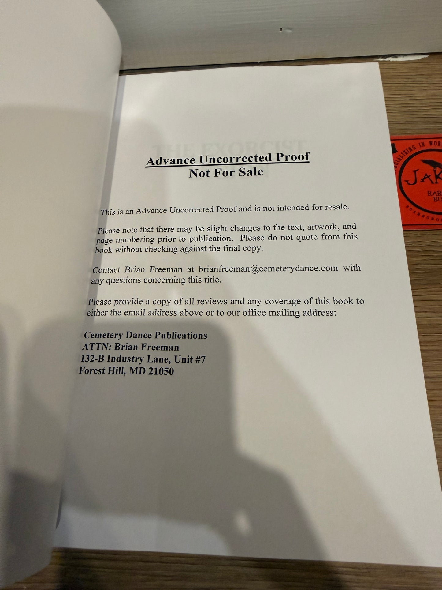 William Peter Blatty, Exorcist/Legion, Uncorrected Proof, Cemetery Dance