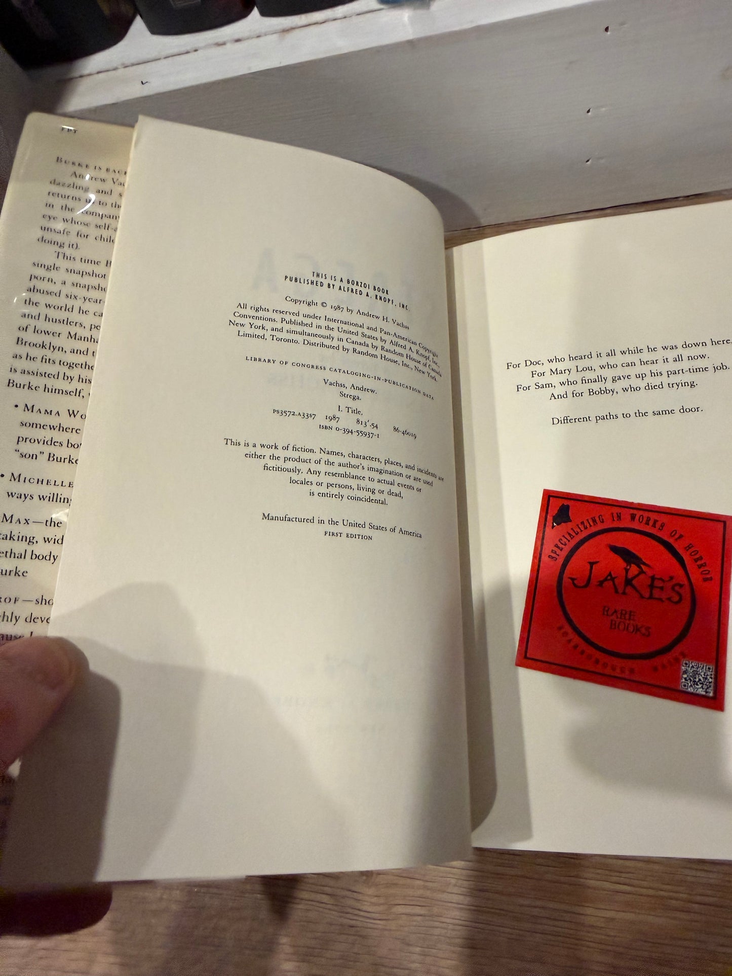 Andrew Vachss, Strega, First Edition, Knopf Publishing