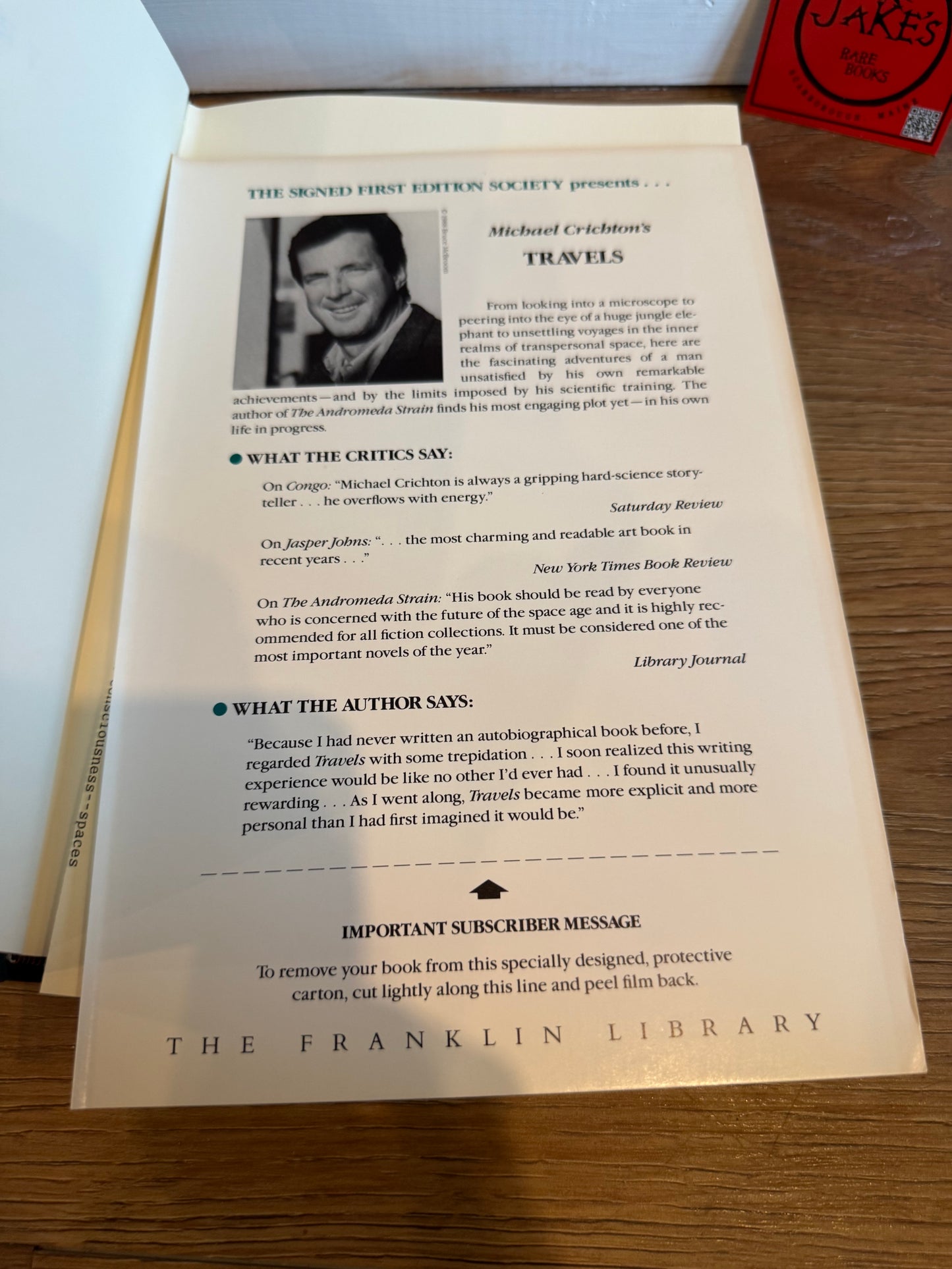 Michael Crichton, Travels, Signed Limited Edition, Franklin Library