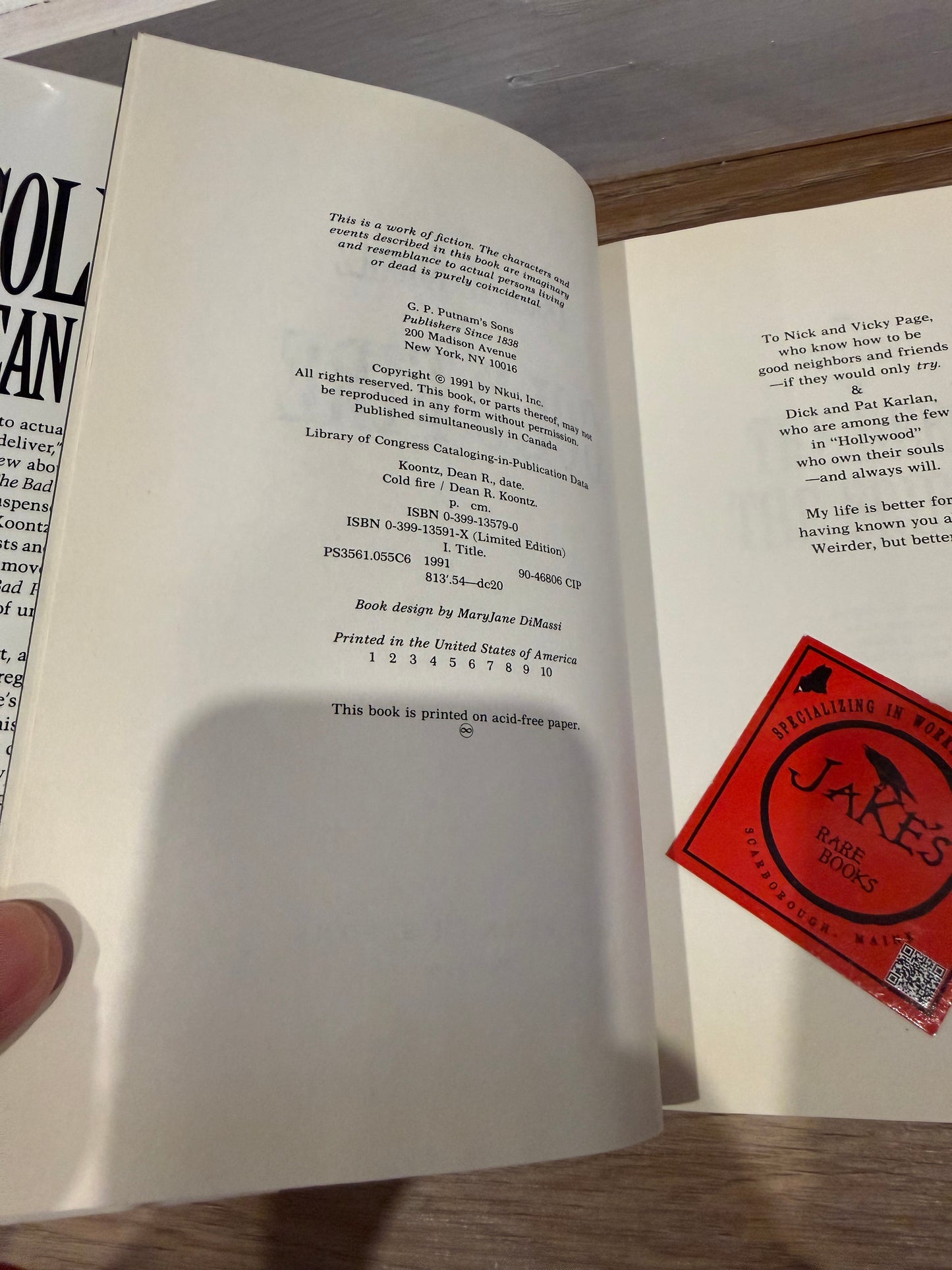 Dean Koontz, Cold Fire, First Edition, Putnam Press