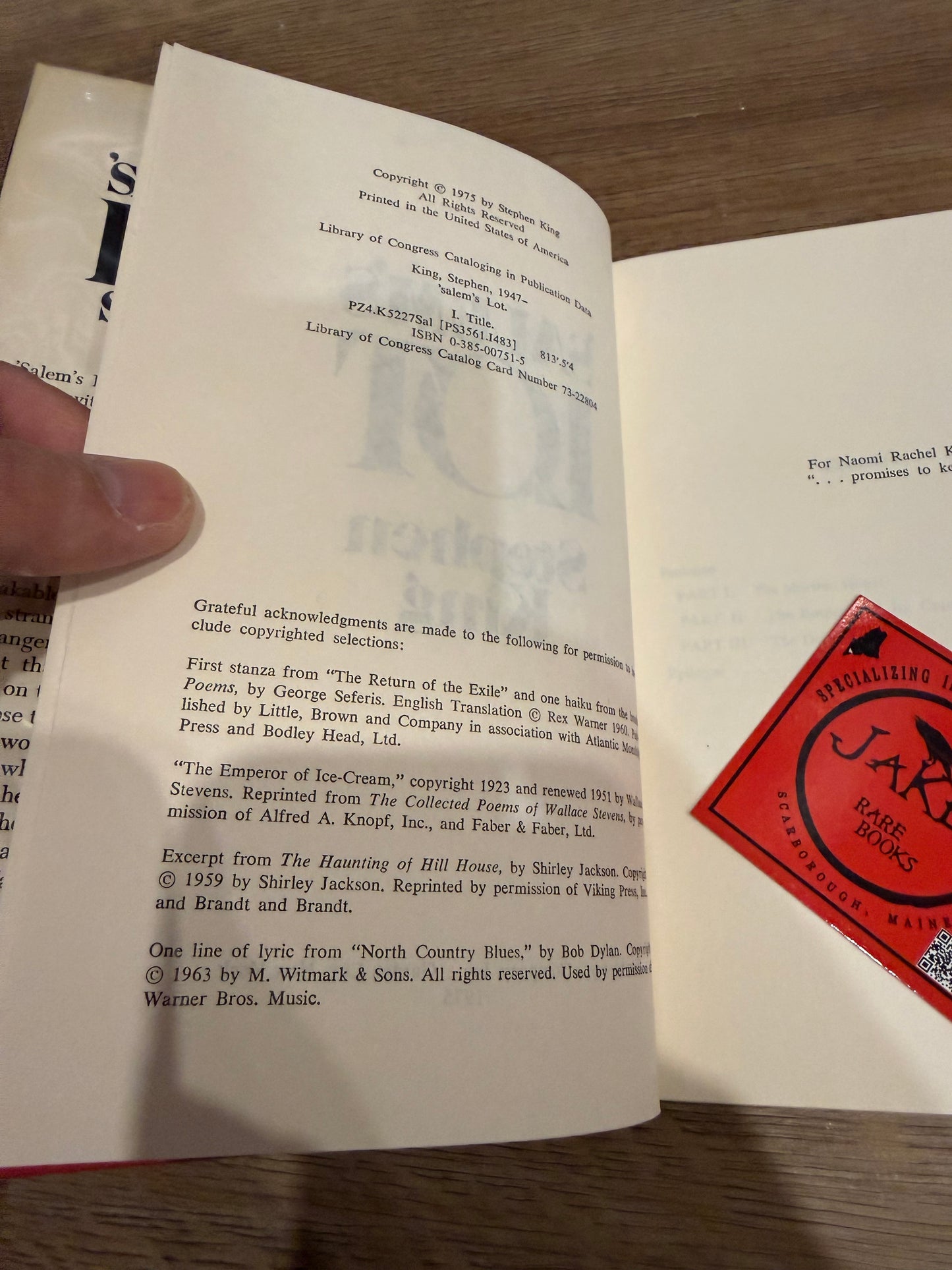 Stephen King, Salem’s Lot, Second Printing, SIGNED, Doubleday Publishing