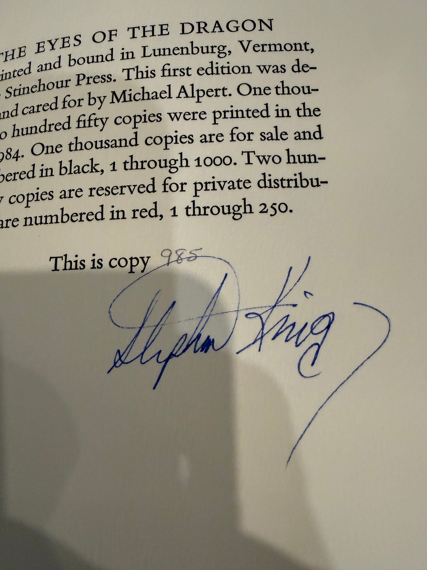Stephen King, Eyes of the Dragon, Signed/Limited #985, Philtrum Press