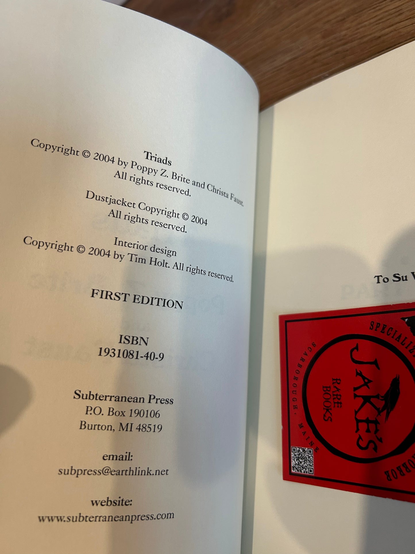 Poppy Brite and Christa Faust, Triads, Signed First Edition, #12 out of 250, Subterranean Press